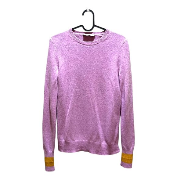 Everlane The Cashmere Crew Sweater Pink with Yellow Sleeve Detail - Picture 2 of 5